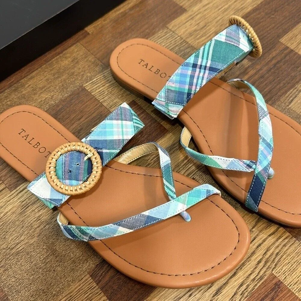 Talbots Womens Gia‎ Buckle Sandal 8 Plaid Multi Criss Cross Summer Coastal Flat - Picture 5 of 7